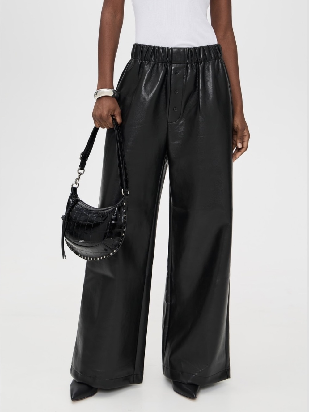 MOTHER Black Wide Leg Faux Leather Pants, Freeballer Pants